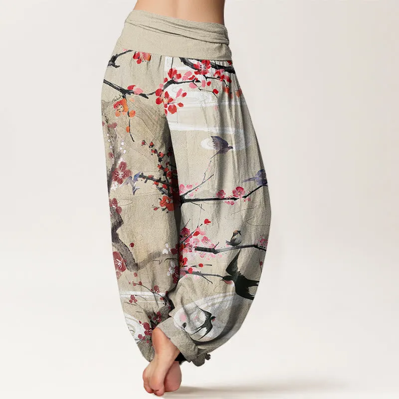 Buddha Stones Casual Plum Blossom Bird Mountain Pattern Women's Elastic Waist Harem Pants