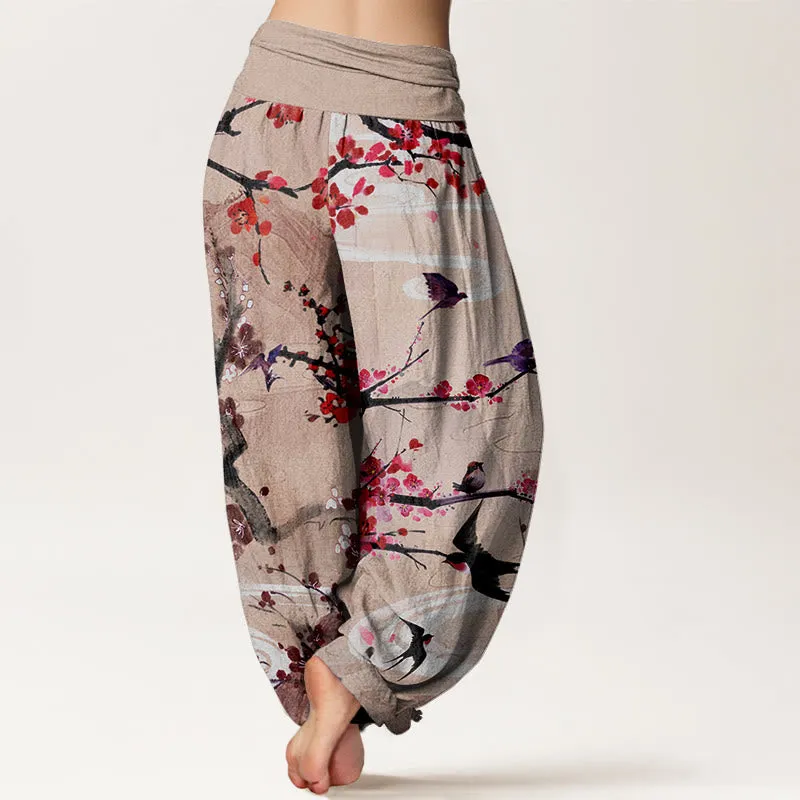 Buddha Stones Casual Plum Blossom Bird Mountain Pattern Women's Elastic Waist Harem Pants