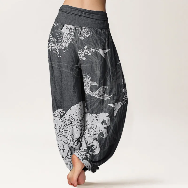 Buddha Stones Koi FIsh Lotus Waves Women's Elastic Waist Harem Pants