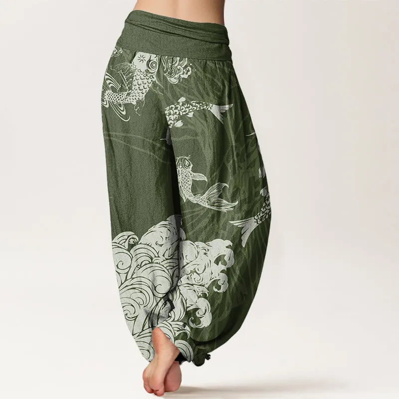 Buddha Stones Koi FIsh Lotus Waves Women's Elastic Waist Harem Pants