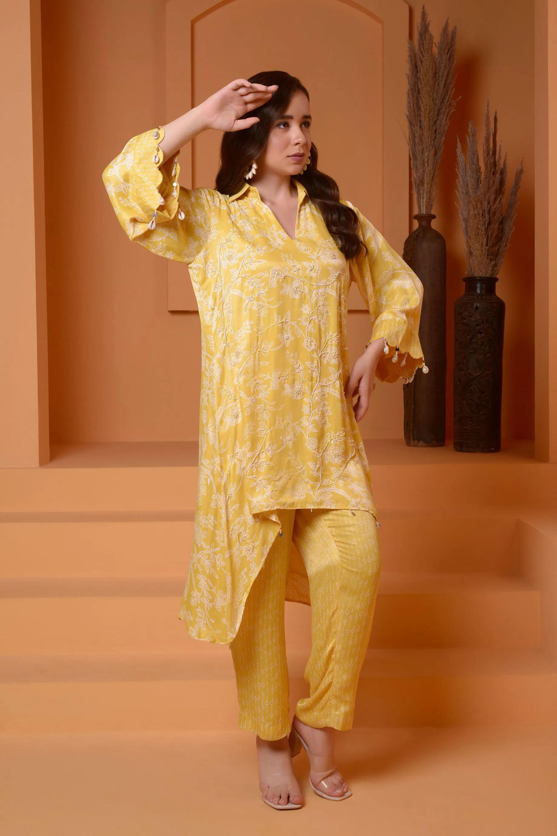 BUTTER YELLOW EMBROIDERED PRINTED COORD SET