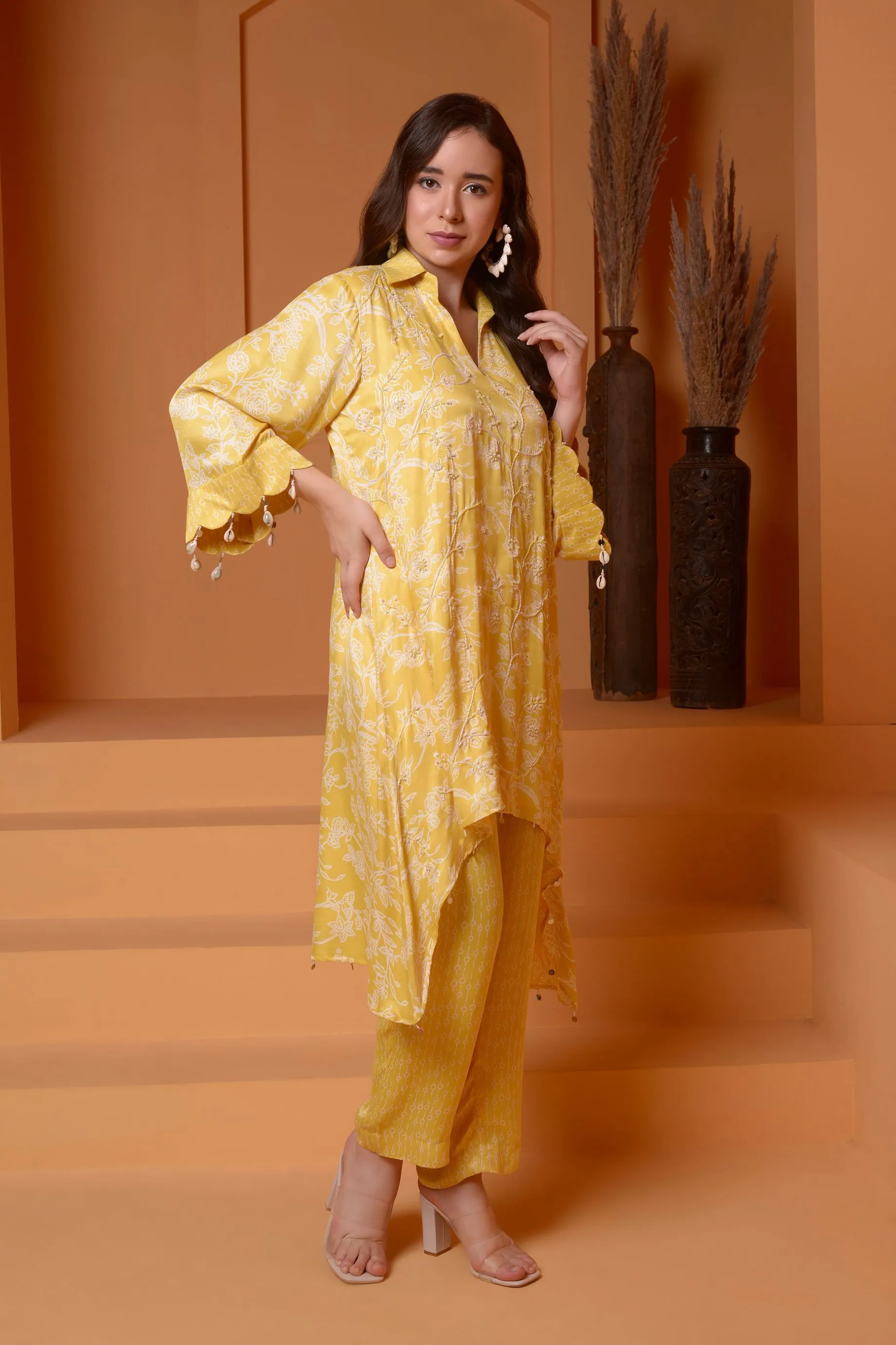 BUTTER YELLOW EMBROIDERED PRINTED COORD SET
