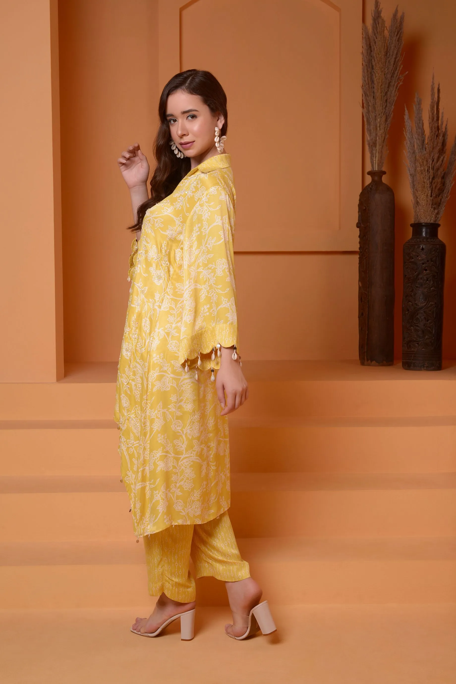 BUTTER YELLOW EMBROIDERED PRINTED COORD SET