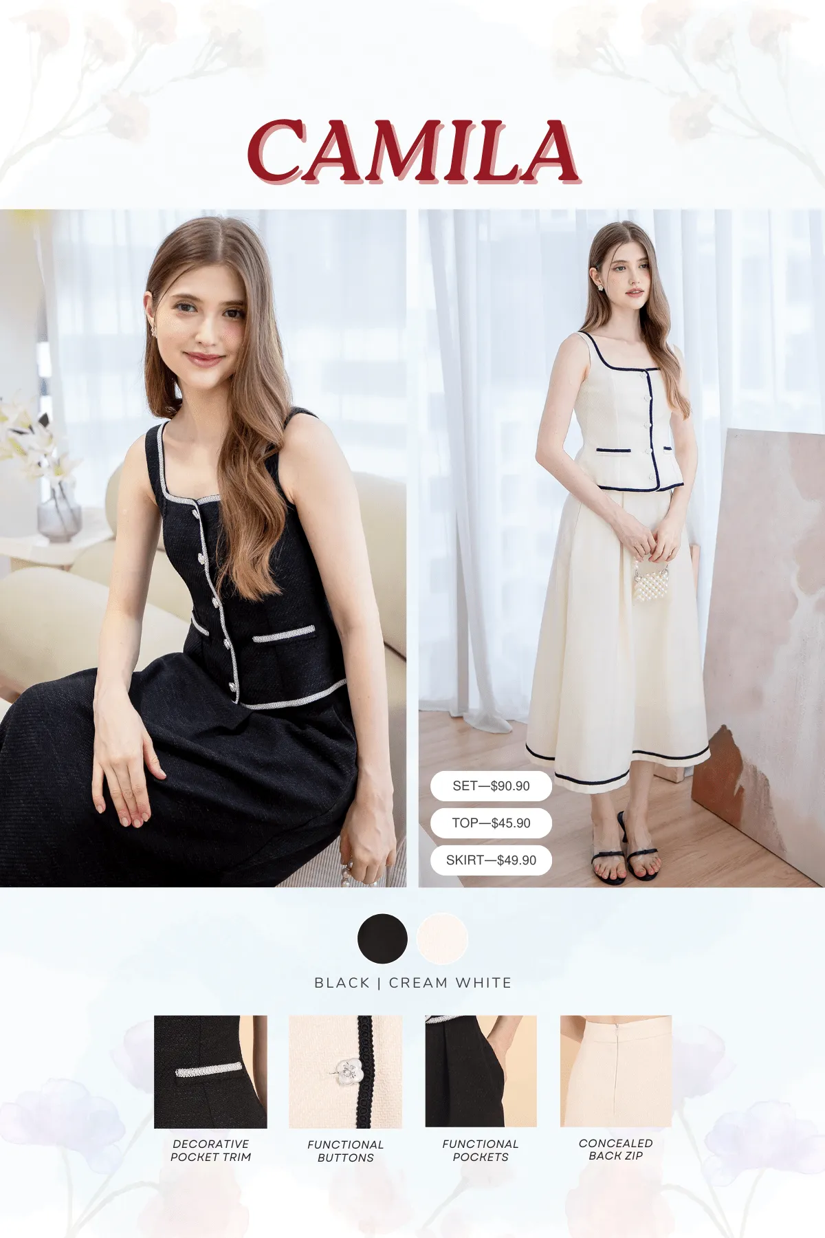CAMILA PLEATED TWEED MAXI SKIRT IN CREAM WHITE