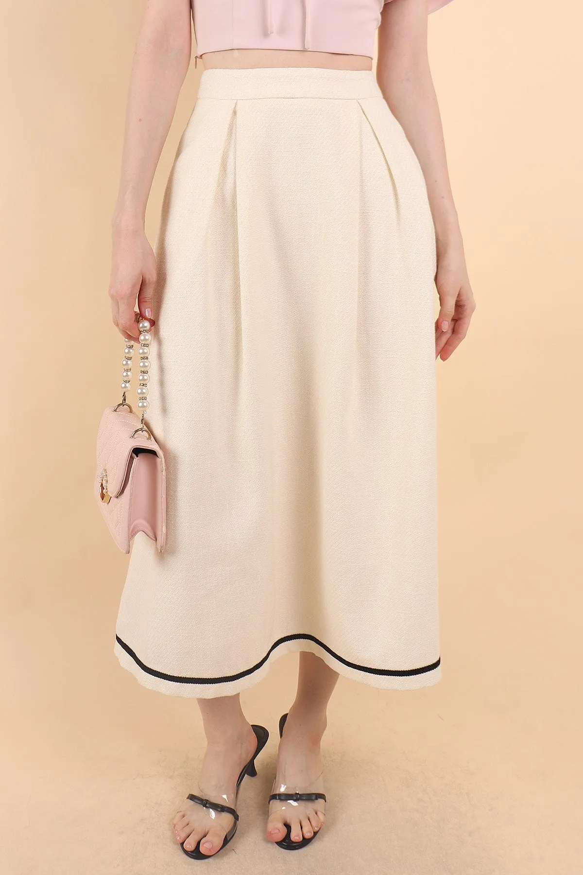 CAMILA PLEATED TWEED MAXI SKIRT IN CREAM WHITE