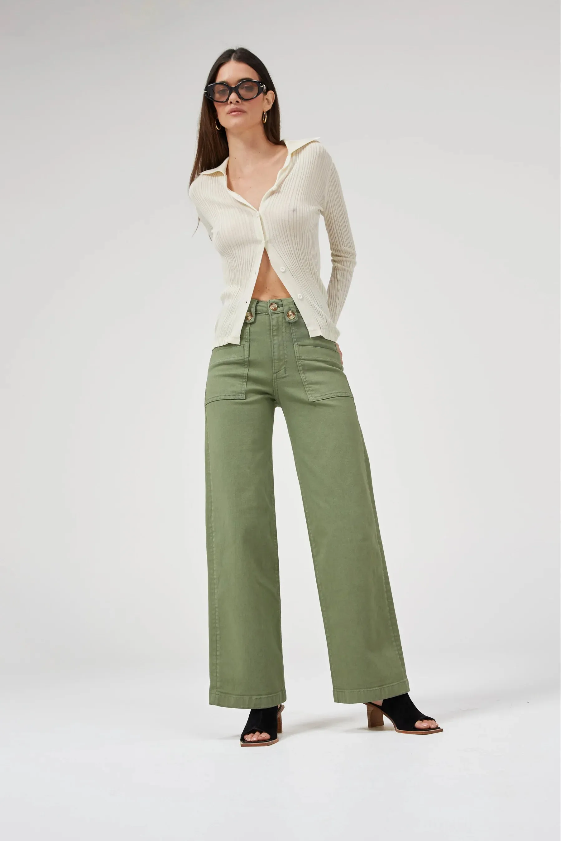 Carrie Oil Green Wide Straight Leg Jeans