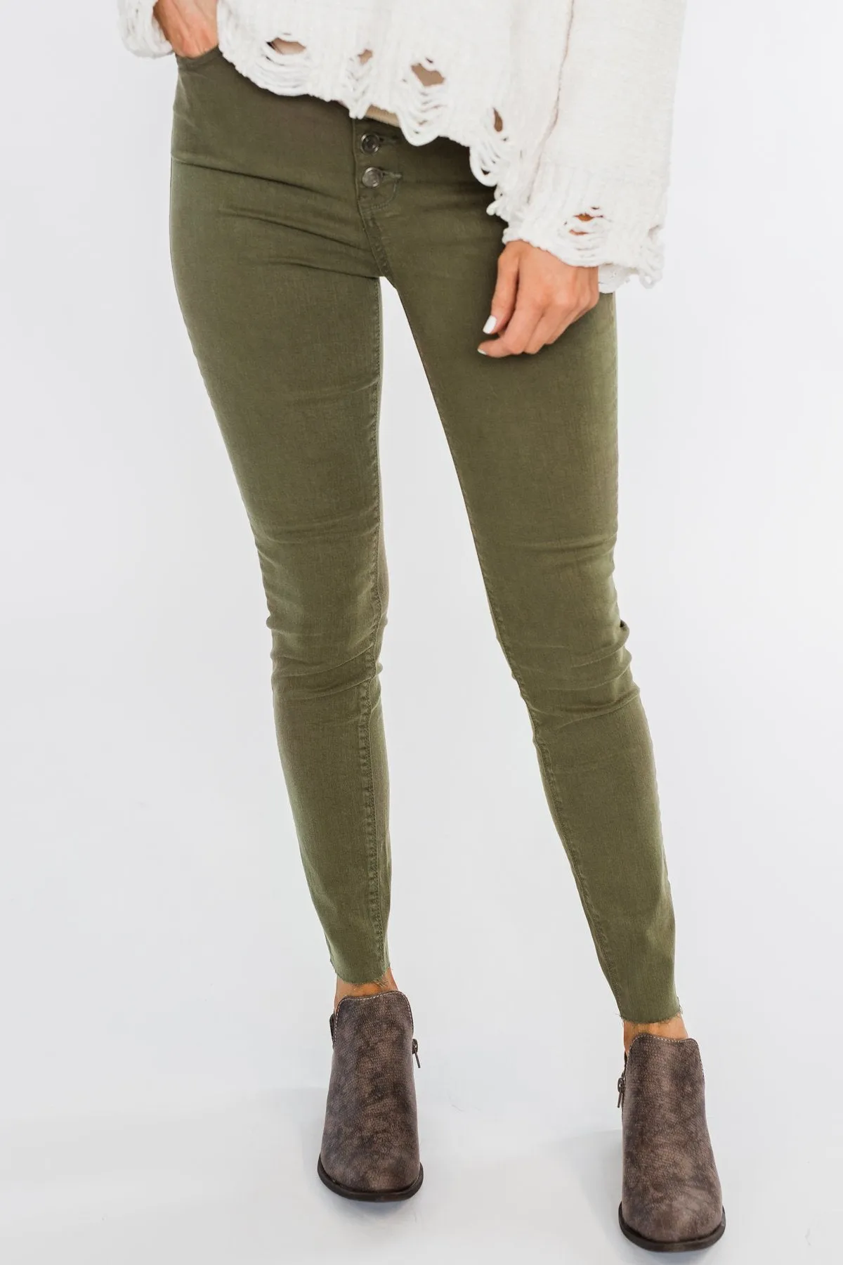 Cello Button Fly Skinny Jeans- Olive