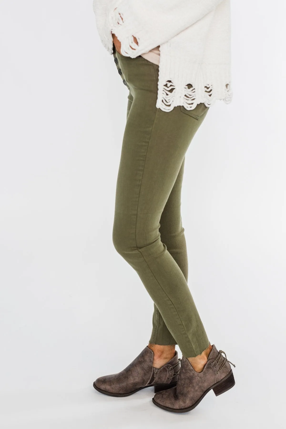 Cello Button Fly Skinny Jeans- Olive