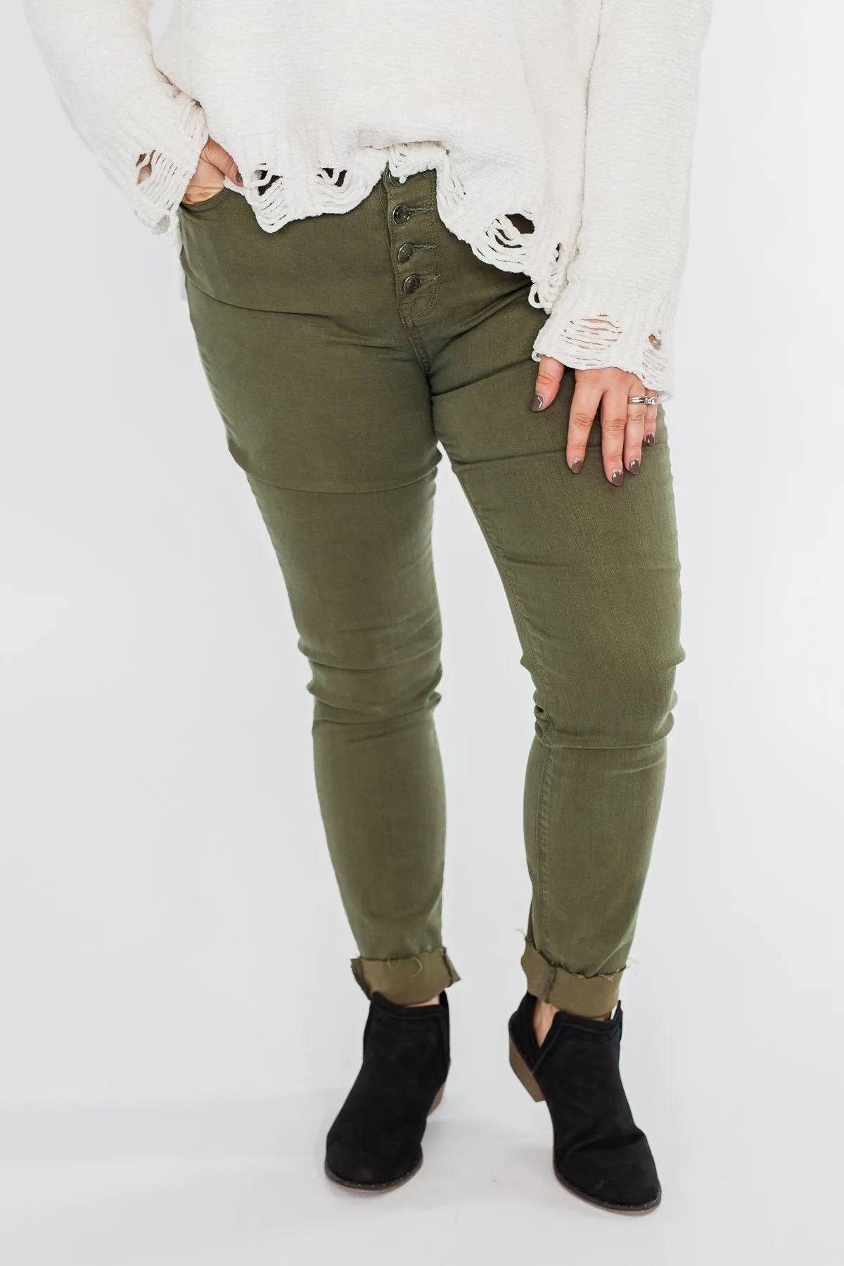 Cello Button Fly Skinny Jeans- Olive