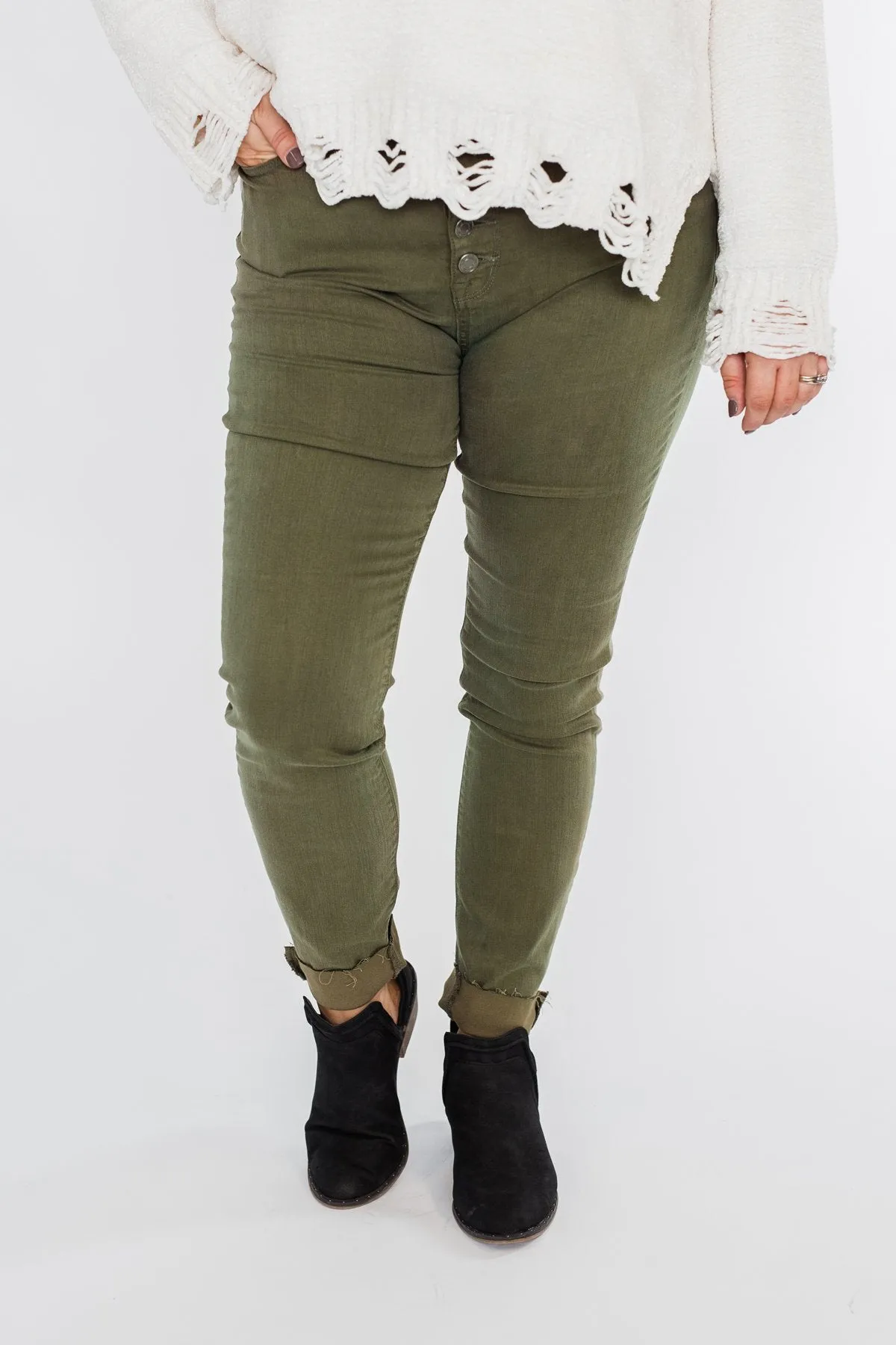 Cello Button Fly Skinny Jeans- Olive