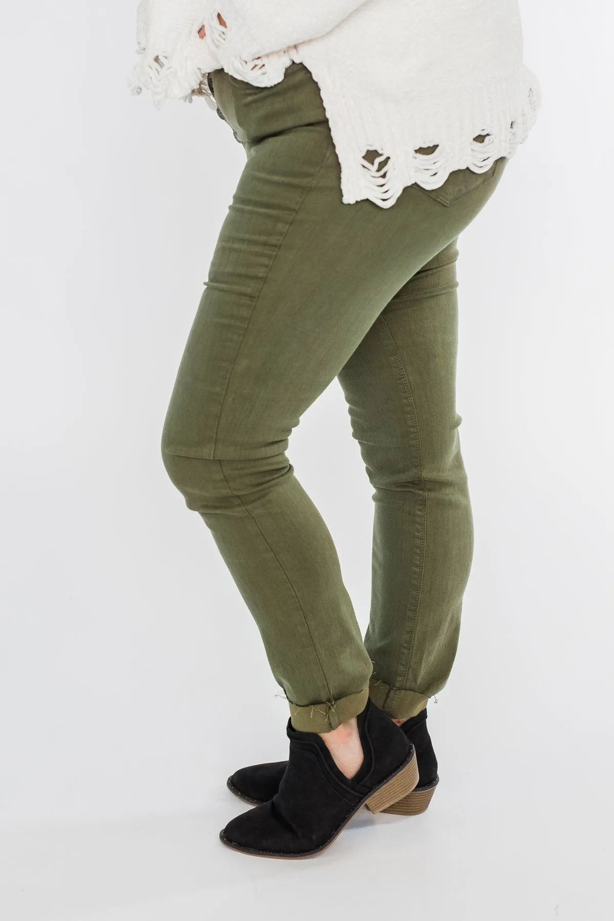 Cello Button Fly Skinny Jeans- Olive