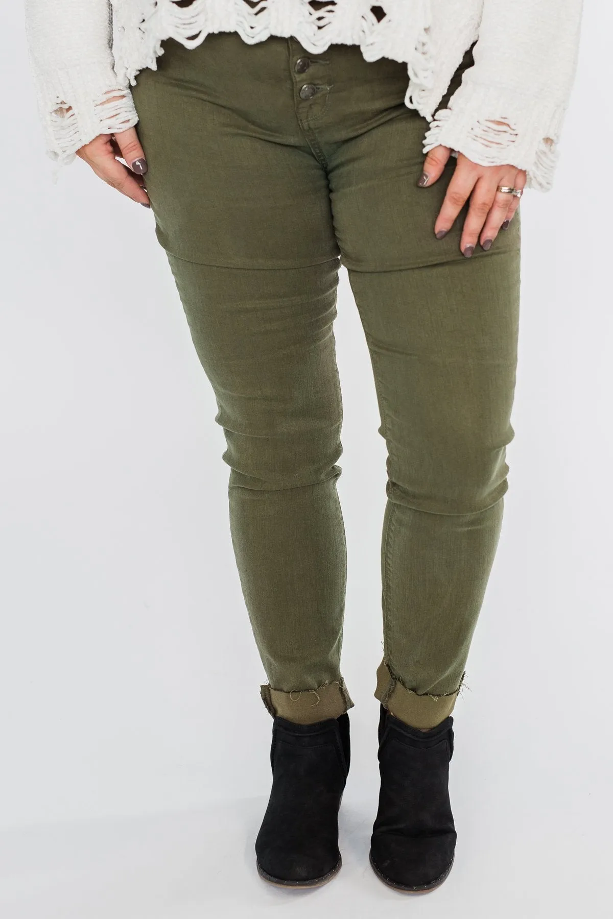 Cello Button Fly Skinny Jeans- Olive