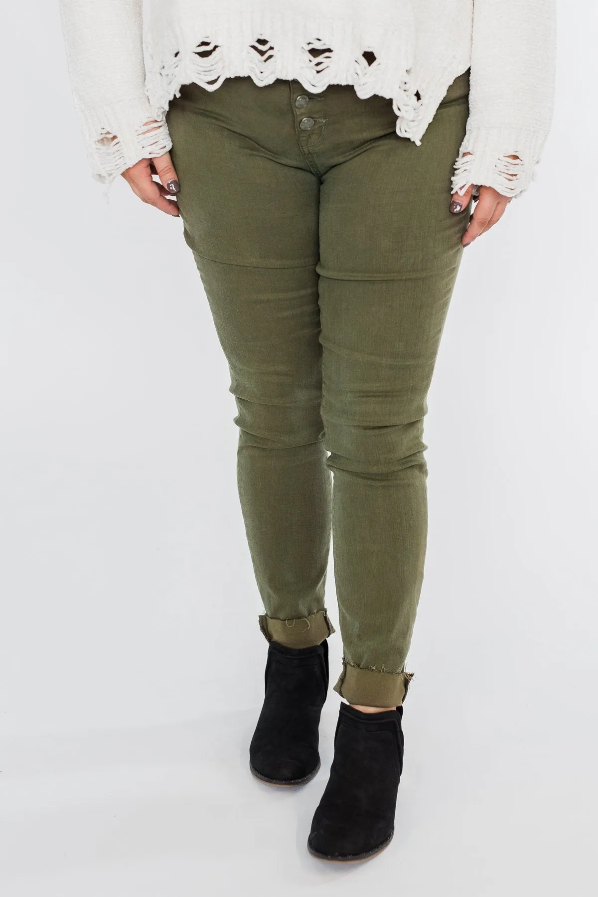 Cello Button Fly Skinny Jeans- Olive