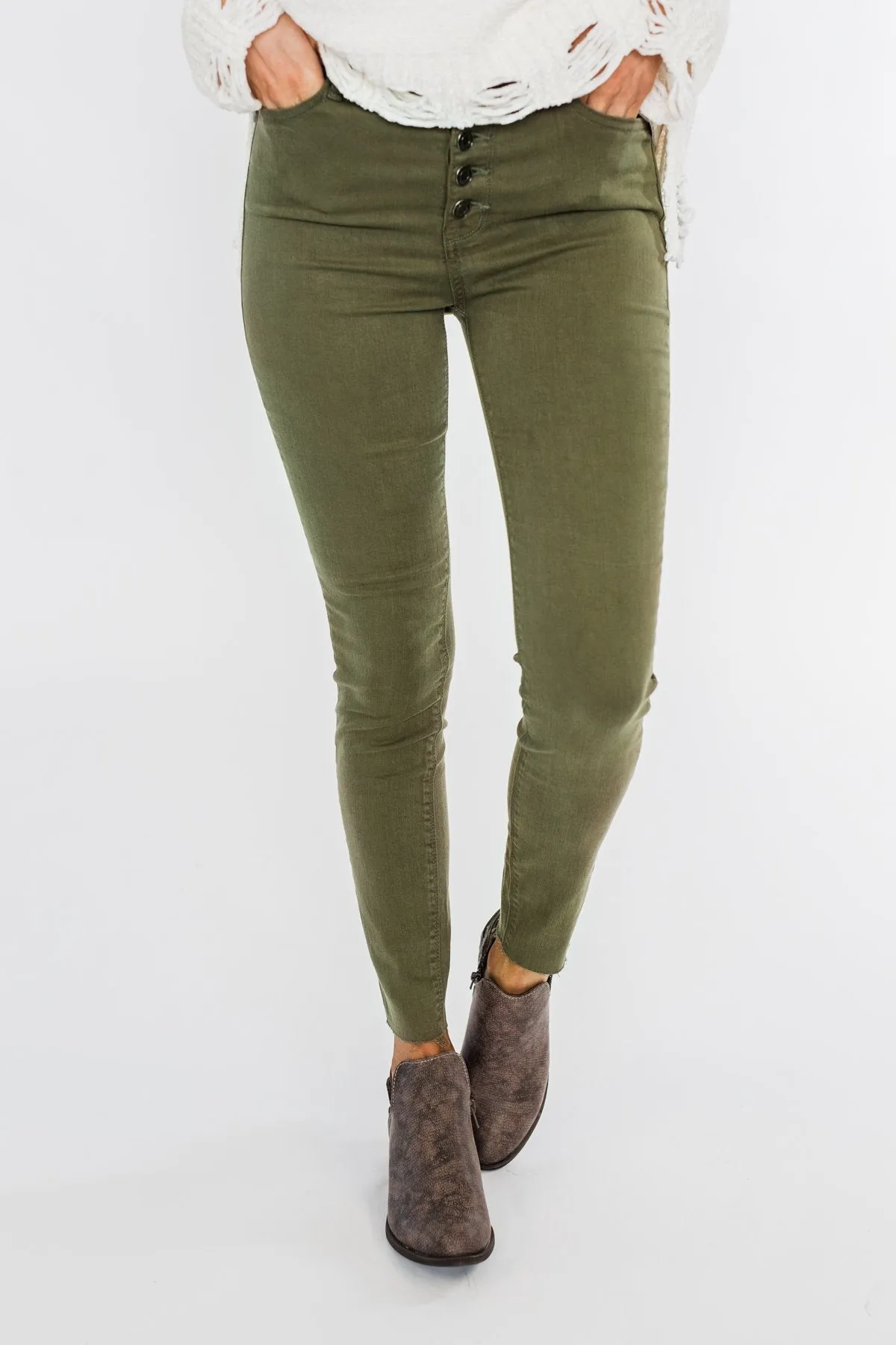 Cello Button Fly Skinny Jeans- Olive