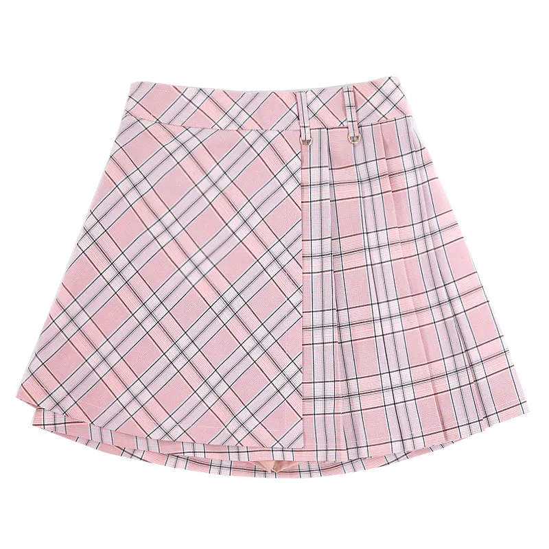 College-Style Asymmetric Plaid Pleated Skirt