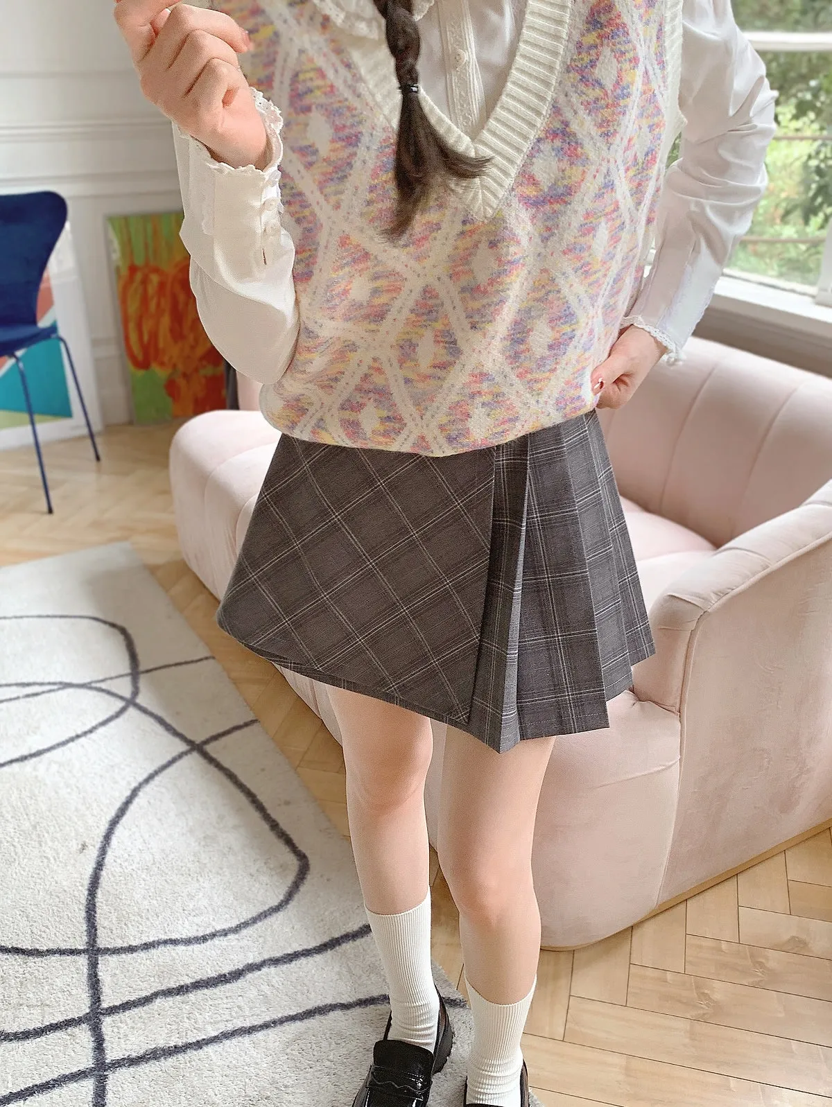 College-Style Asymmetric Plaid Pleated Skirt
