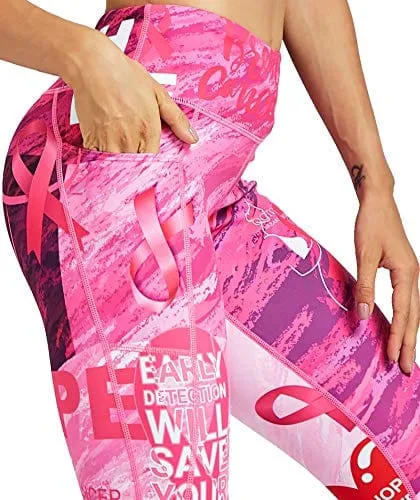 COOLOMG Women's Yoga Pants Printed Leggings Workout Running Tights with Side Pockets Pink S