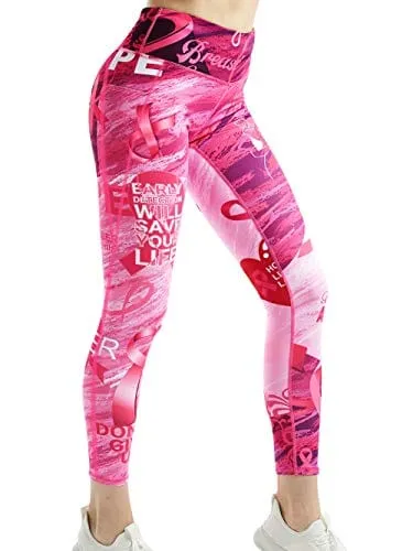 COOLOMG Women's Yoga Pants Printed Leggings Workout Running Tights with Side Pockets Pink S