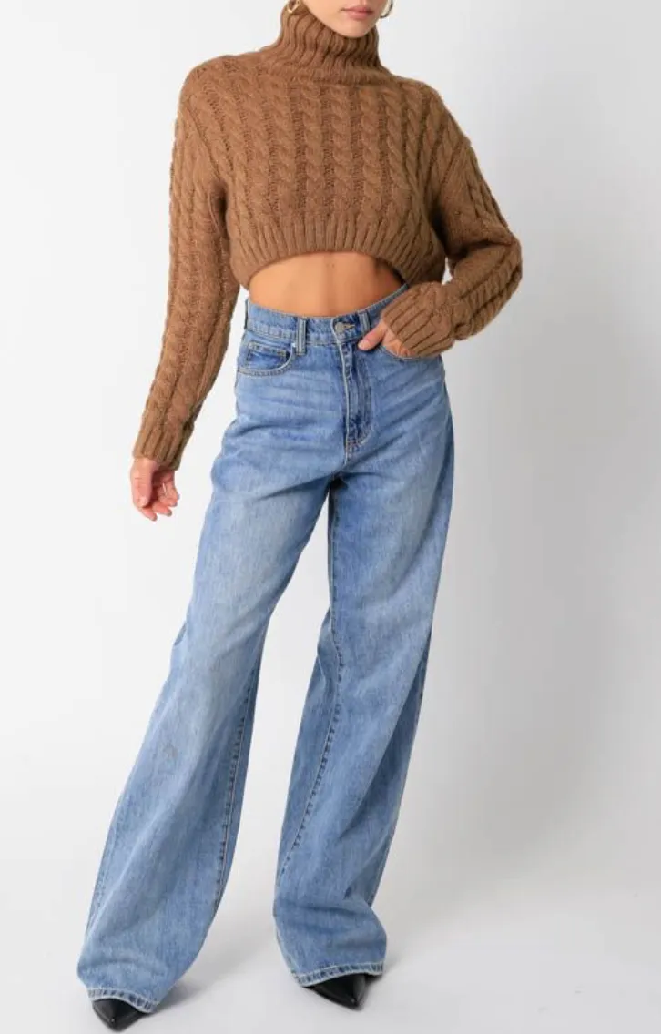 Cropped Turtleneck Cable Knit Sweater