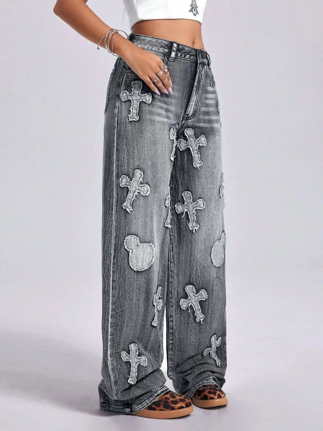 Cross Wide Leg Jeans with Pockets