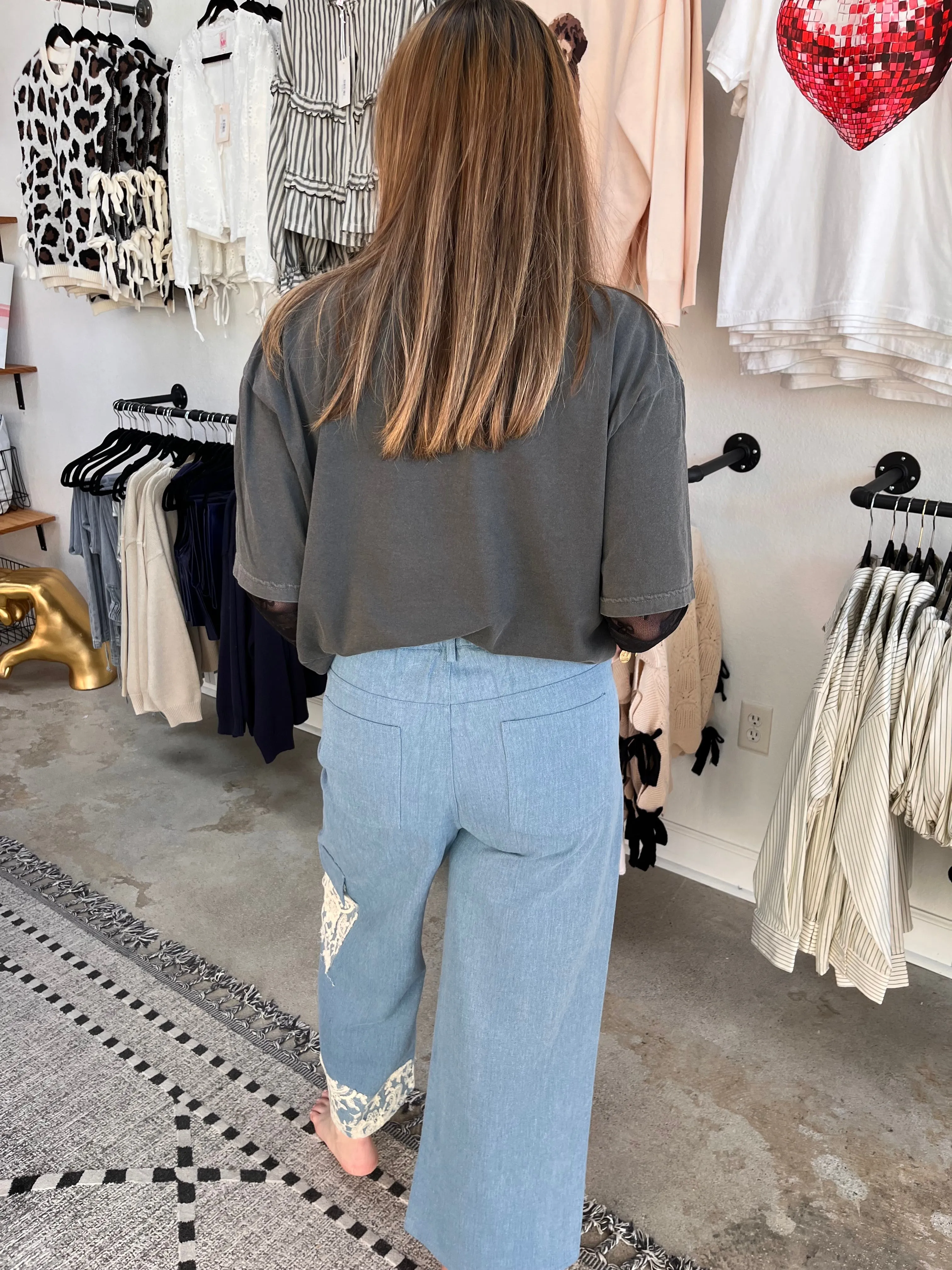 Davi & Dani Lace Applique Wide Leg Jeans