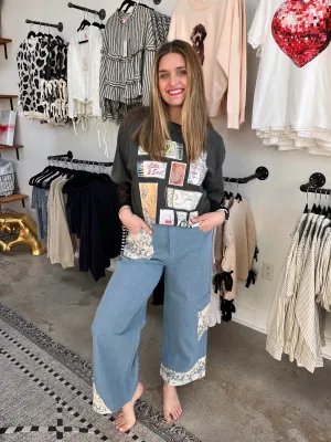 Davi & Dani Lace Applique Wide Leg Jeans