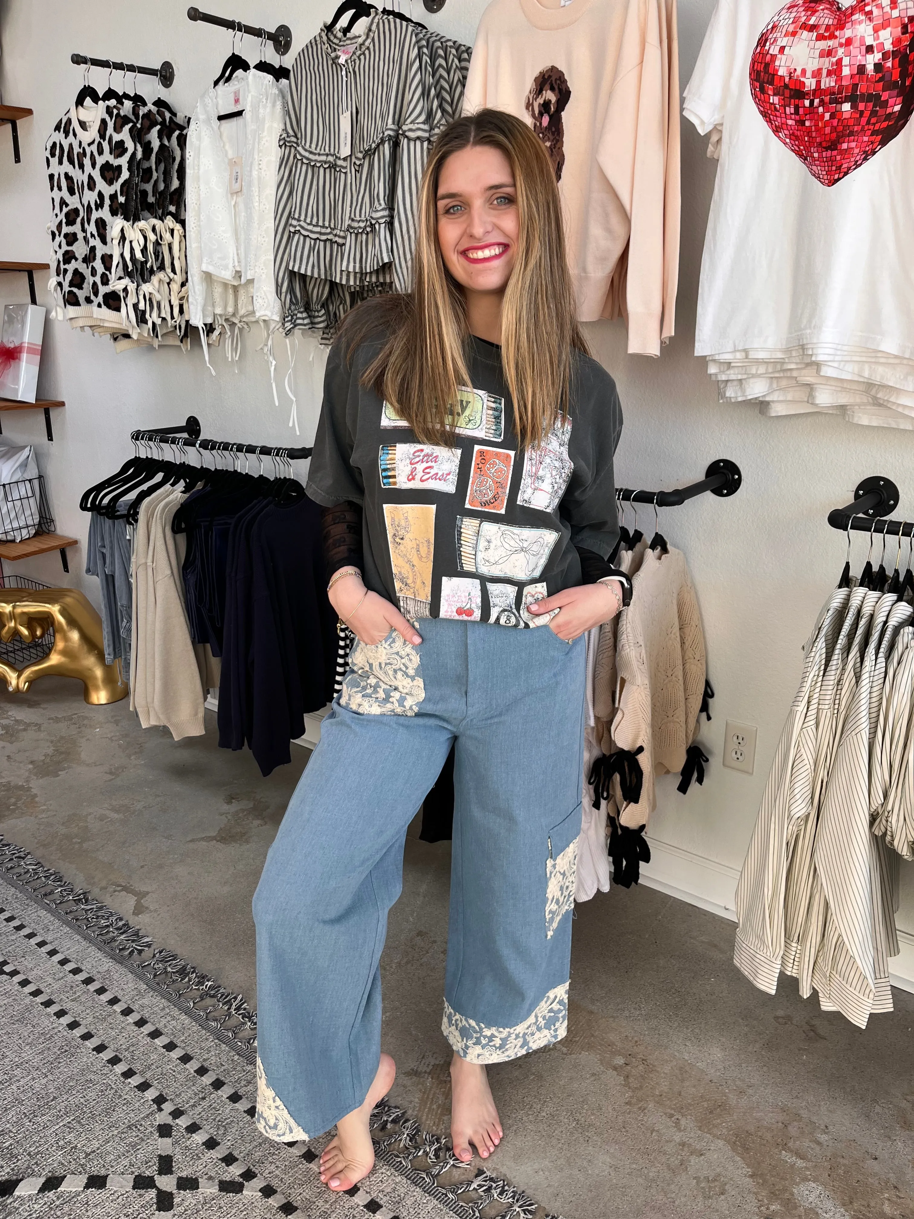 Davi & Dani Lace Applique Wide Leg Jeans