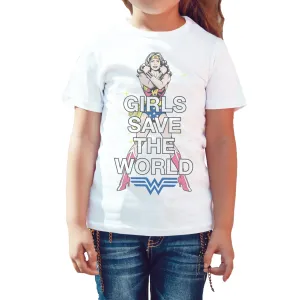 DC Comics Wonder Woman Girls Save World Official Kid's T-shirt (White)