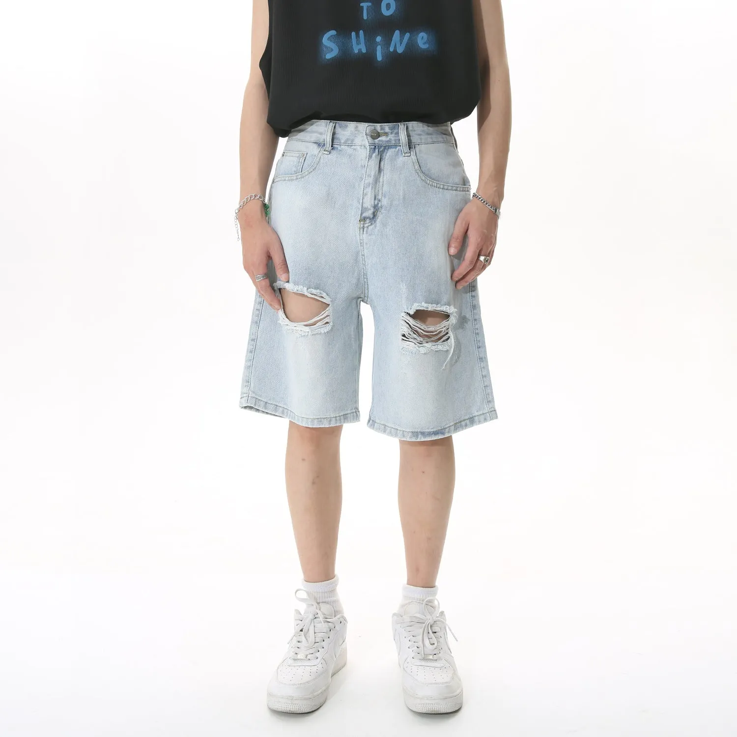 Design sense raw edge ripped denim shorts loose cropped trousers