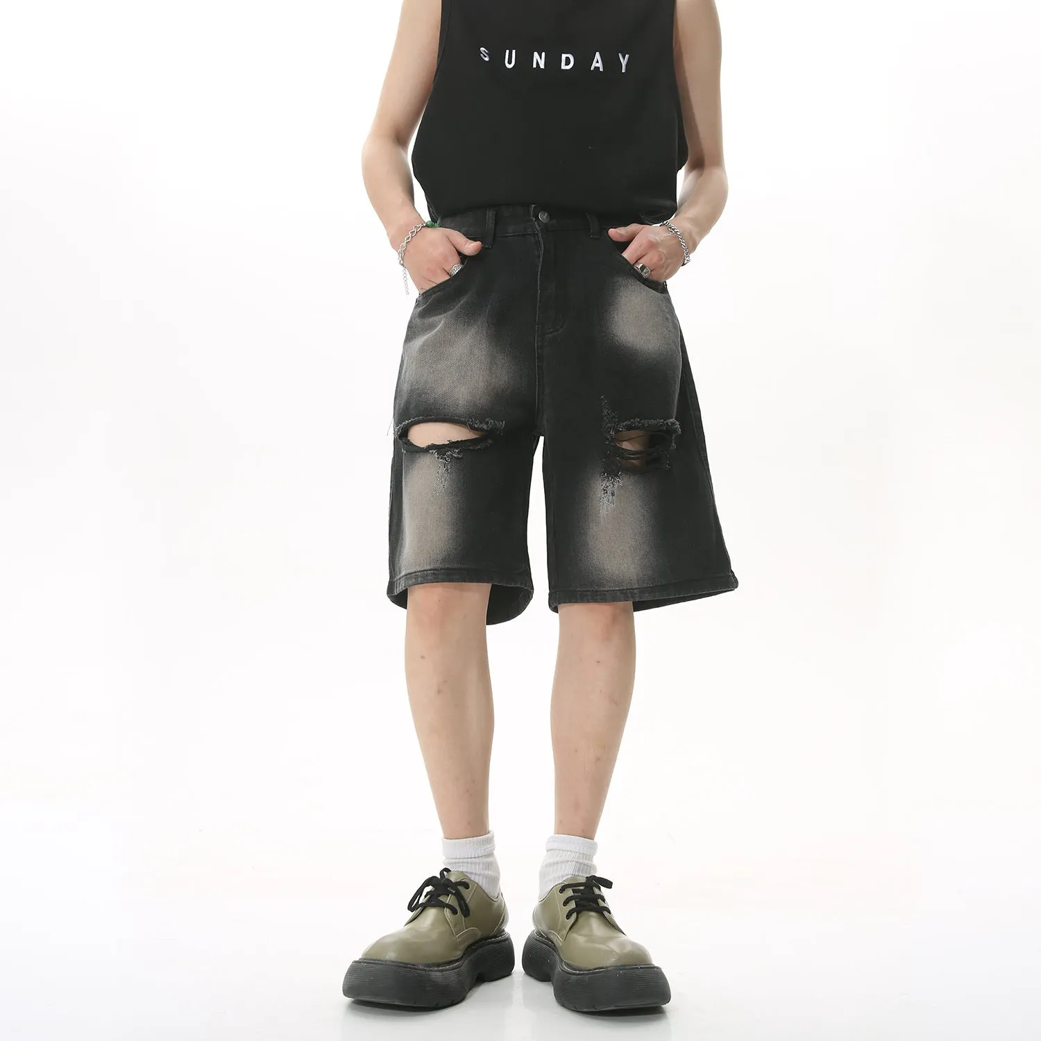 Design sense raw edge ripped denim shorts loose cropped trousers