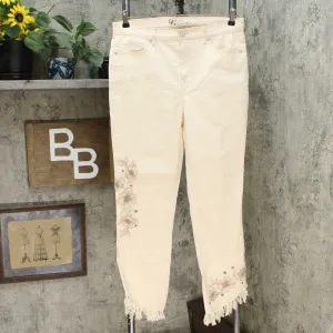 DG2 by Diane Gilman Embellished Fringe Hem Cropped Jeans Cream 12 Tall