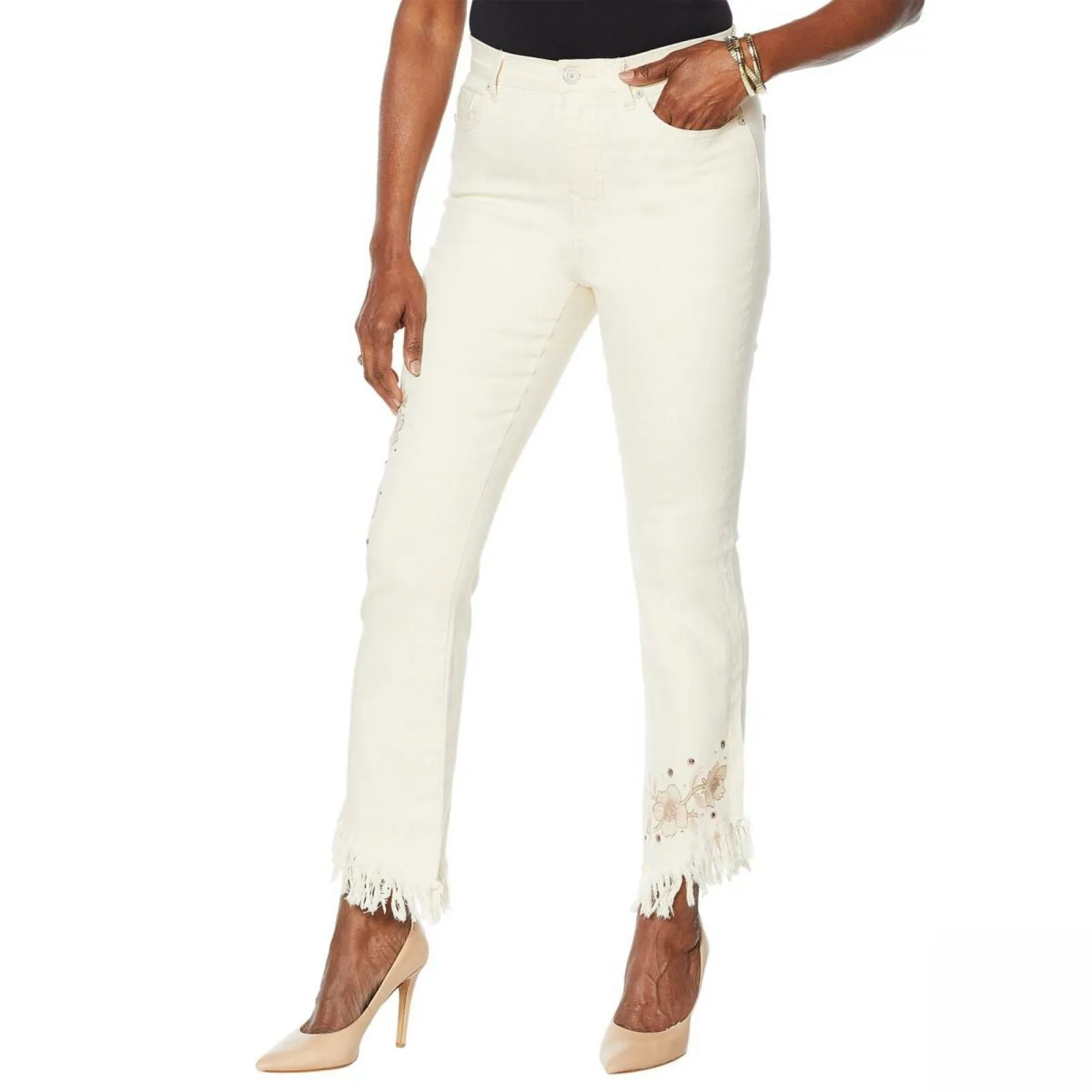 DG2 by Diane Gilman Embellished Fringe Hem Cropped Jeans Cream 12 Tall