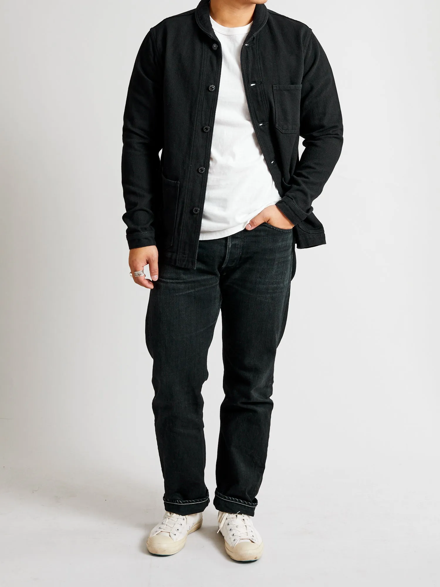 Dobby Sashiko Coverall Coat in Black