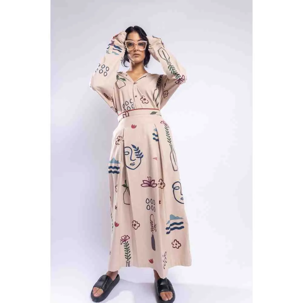 Doodlage Beige Printed Pleated Skirt