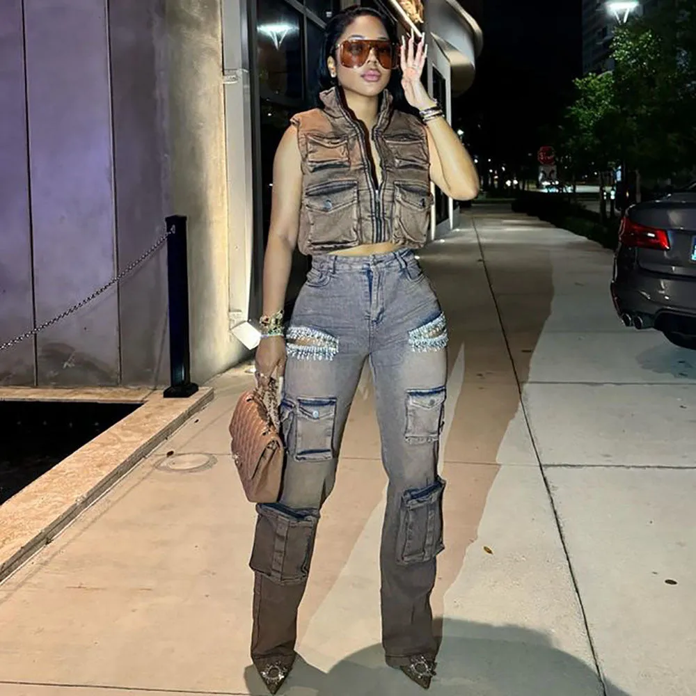 Edgy Tassel Diamond-Embellished Denim Cargo Pants for Retro Street Style