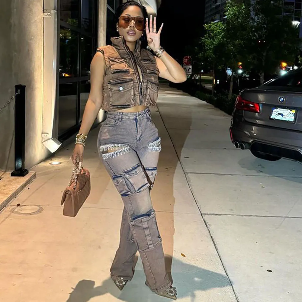 Edgy Tassel Diamond-Embellished Denim Cargo Pants for Retro Street Style