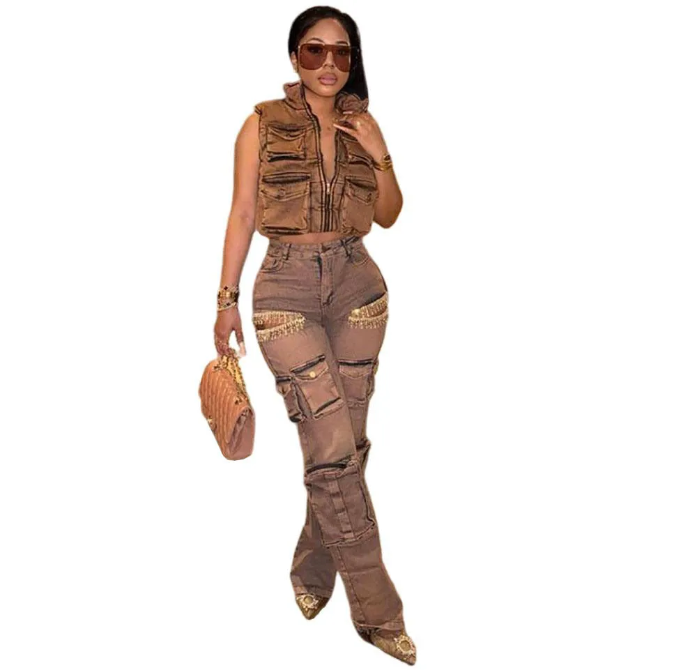 Edgy Tassel Diamond-Embellished Denim Cargo Pants for Retro Street Style
