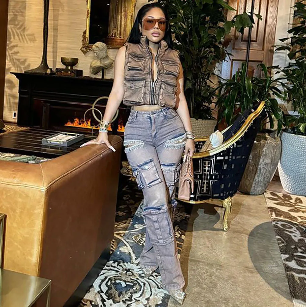 Edgy Tassel Diamond-Embellished Denim Cargo Pants for Retro Street Style