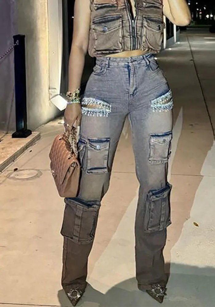 Edgy Tassel Diamond-Embellished Denim Cargo Pants for Retro Street Style