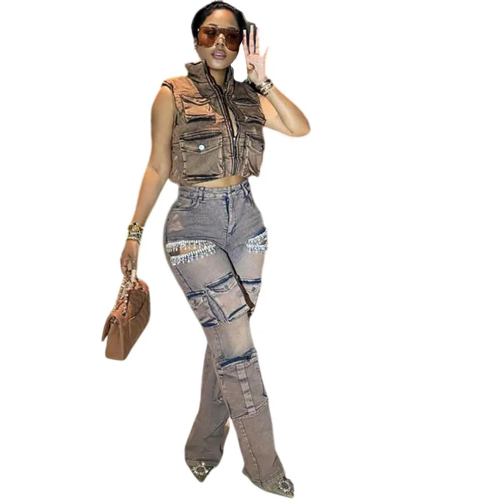 Edgy Tassel Diamond-Embellished Denim Cargo Pants for Retro Street Style