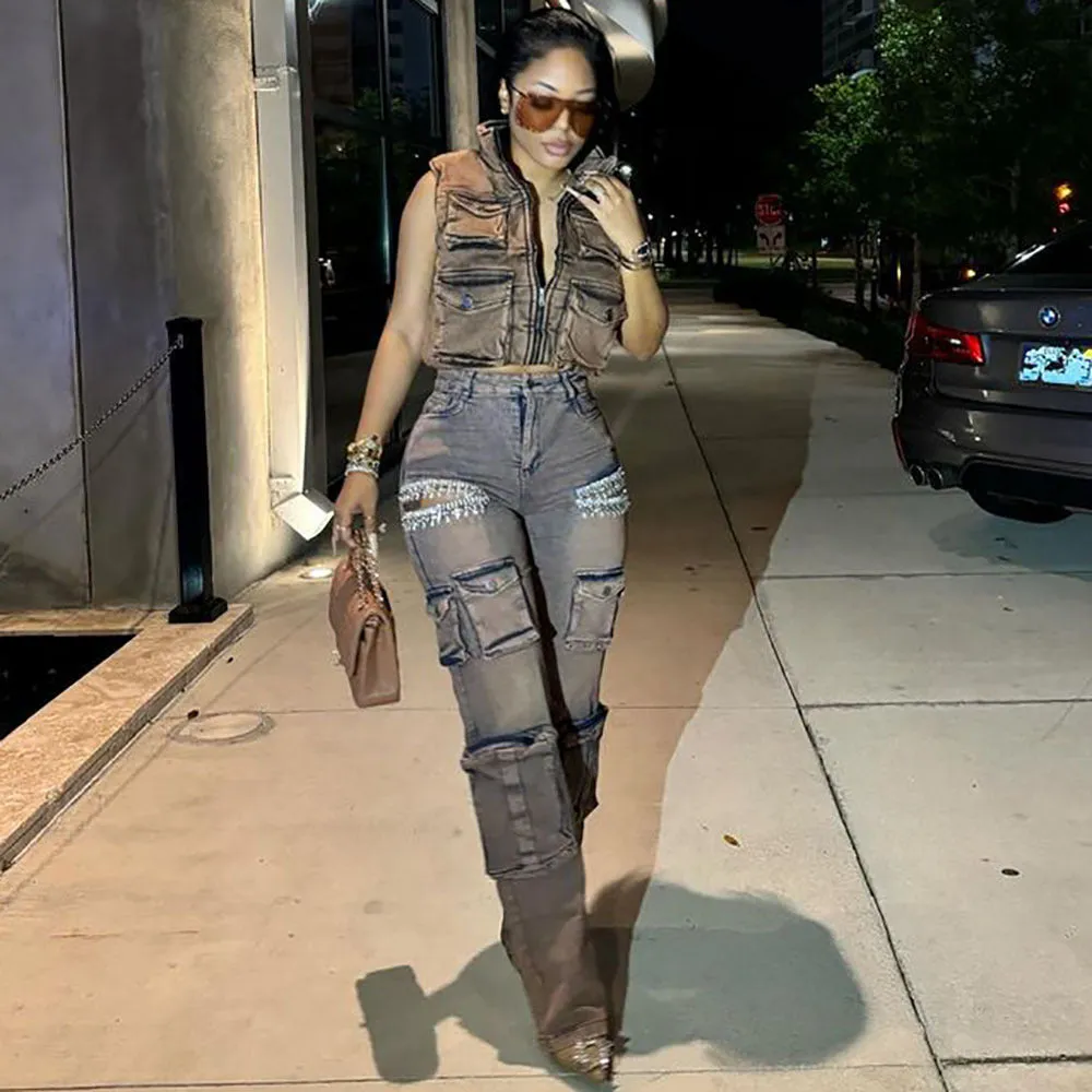 Edgy Tassel Diamond-Embellished Denim Cargo Pants for Retro Street Style