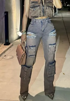 Edgy Tassel Diamond-Embellished Denim Cargo Pants for Retro Street Style