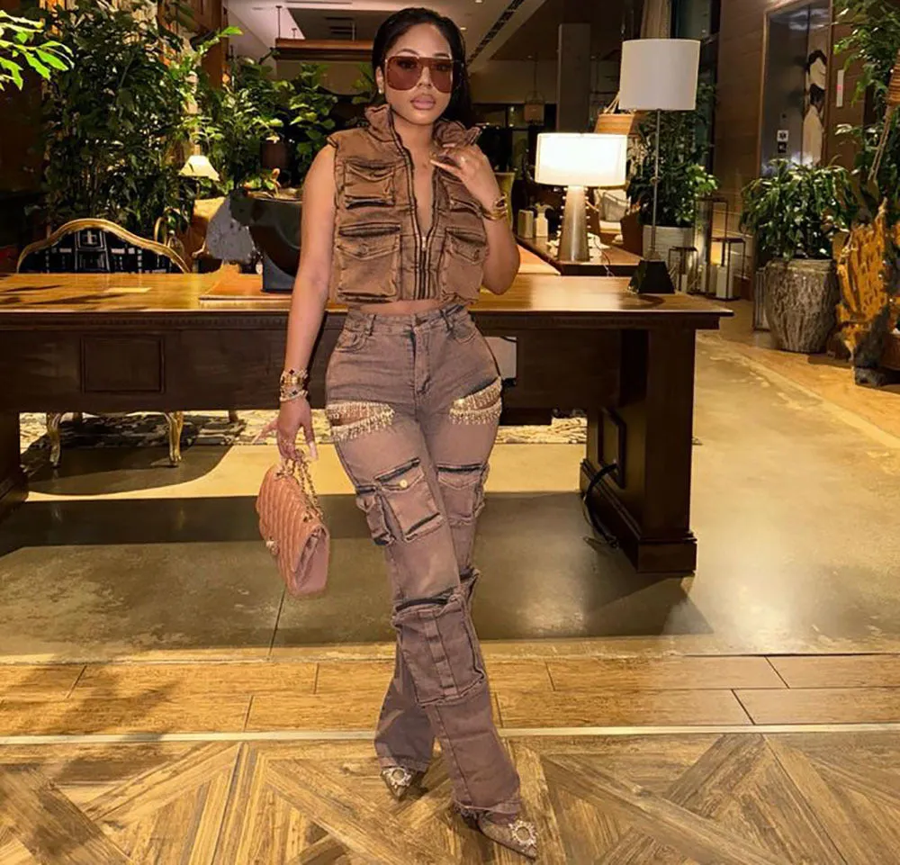 Edgy Tassel Diamond-Embellished Denim Cargo Pants for Retro Street Style