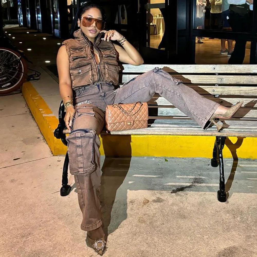 Edgy Tassel Diamond-Embellished Denim Cargo Pants for Retro Street Style