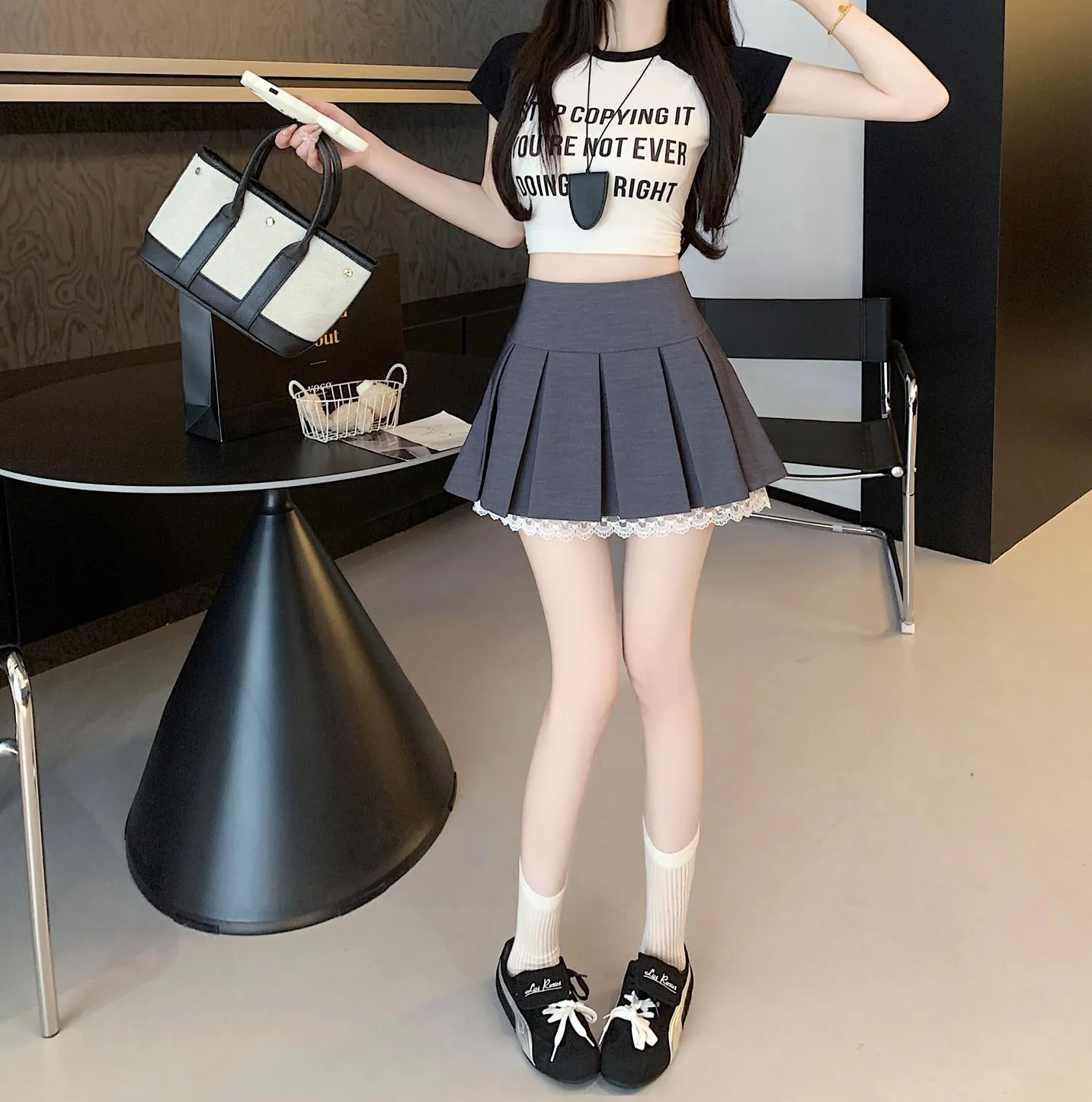 Elegant High-waisted A-line Skirt with Lace Detailing