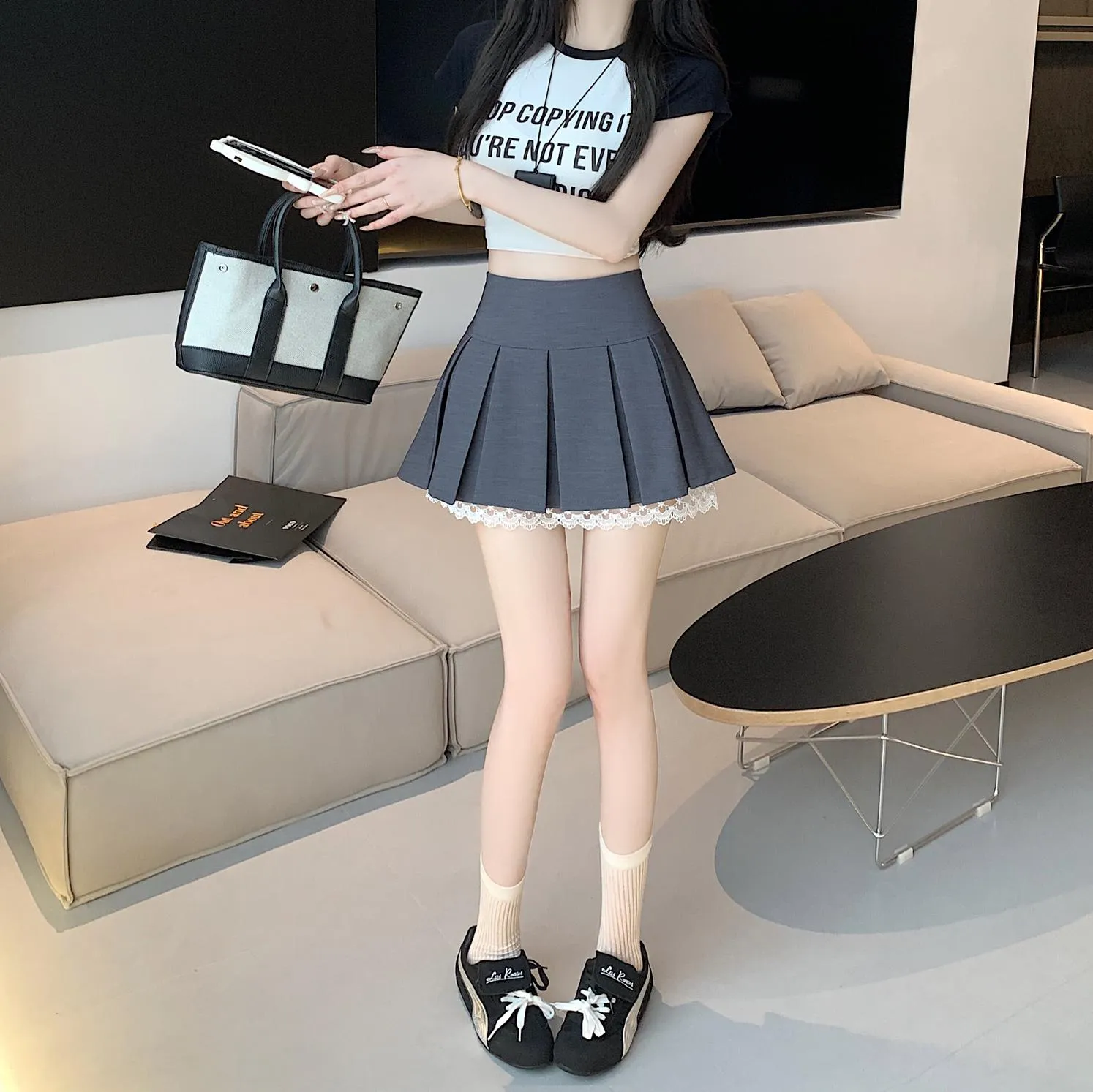 Elegant High-waisted A-line Skirt with Lace Detailing