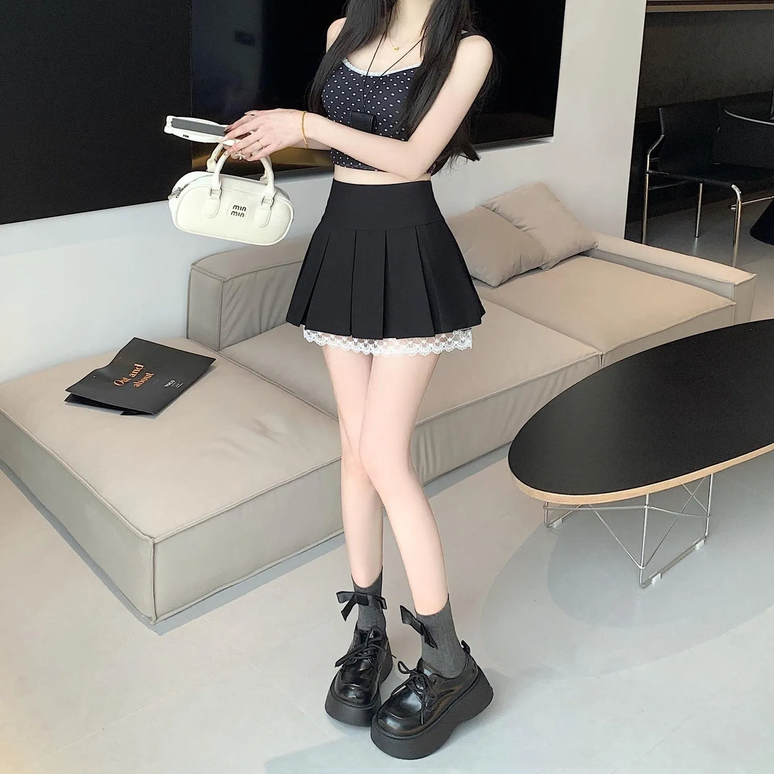 Elegant High-waisted A-line Skirt with Lace Detailing