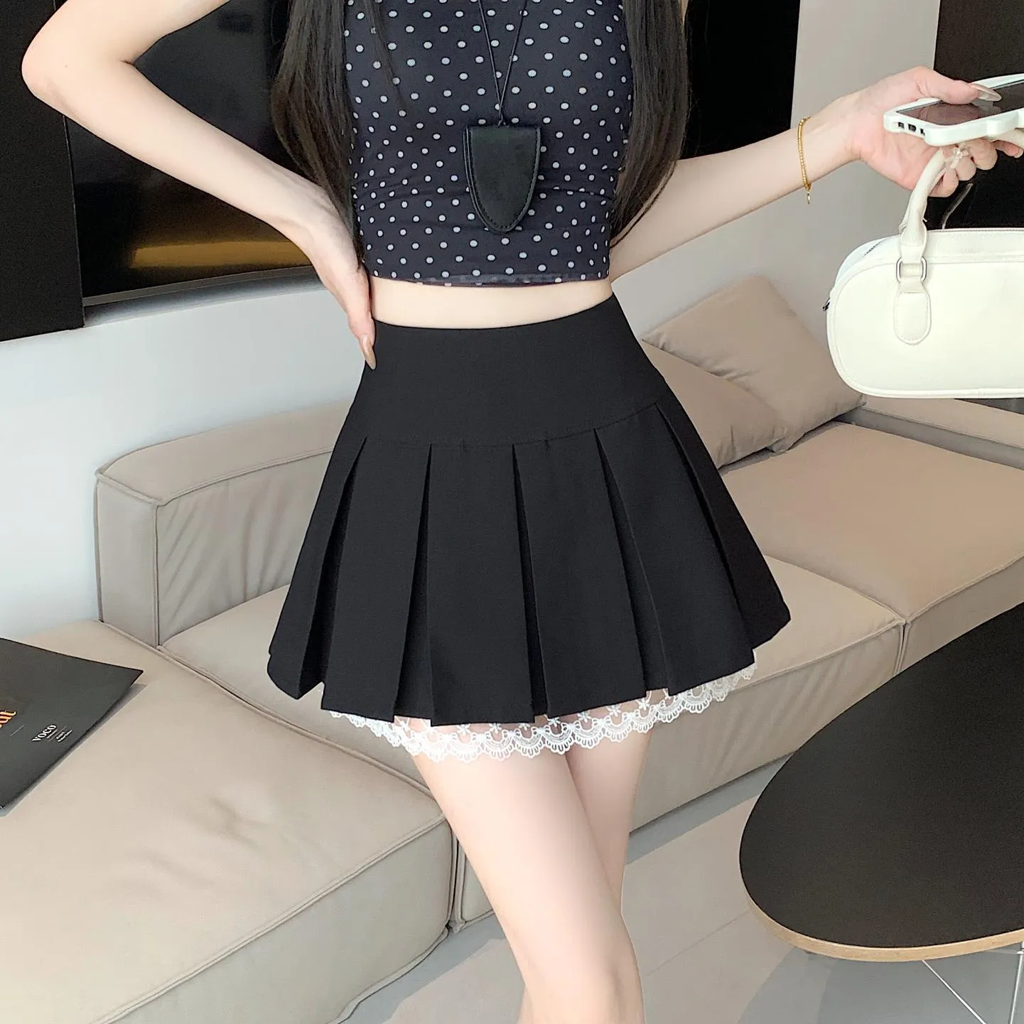 Elegant High-waisted A-line Skirt with Lace Detailing