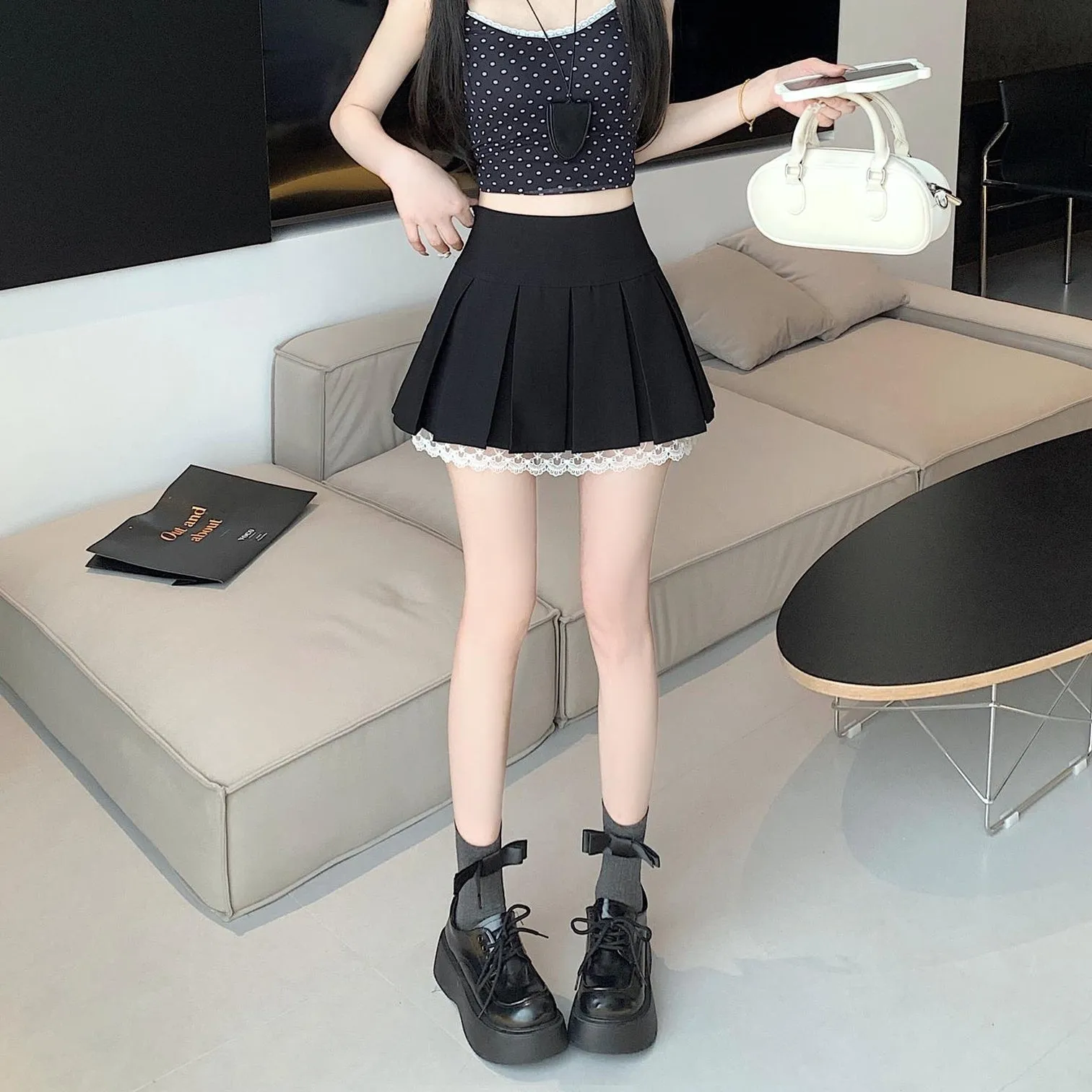 Elegant High-waisted A-line Skirt with Lace Detailing