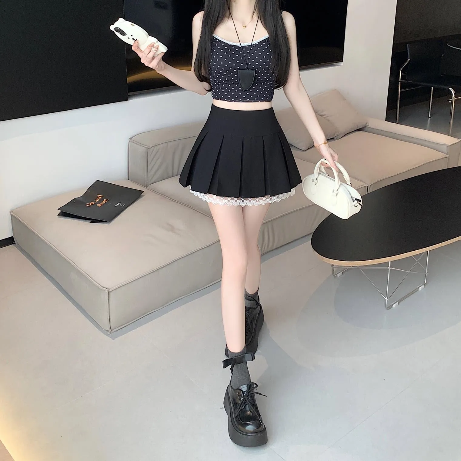 Elegant High-waisted A-line Skirt with Lace Detailing